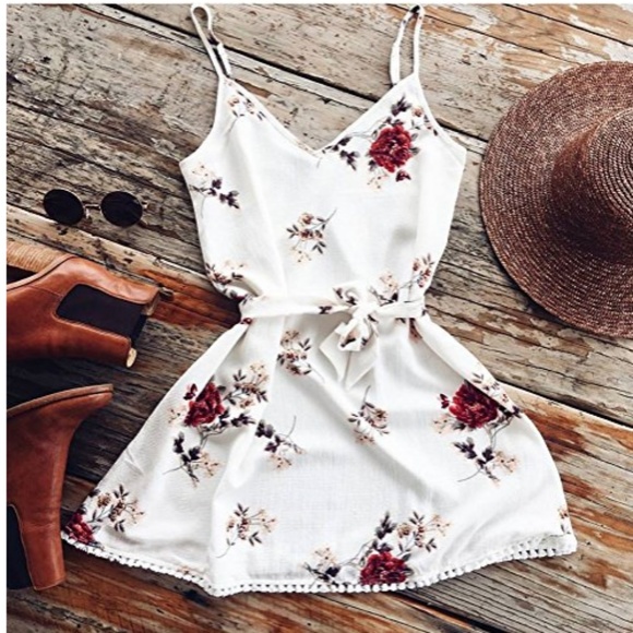 White Floral Tie Waist Crochet Dress - Picture 5 of 5